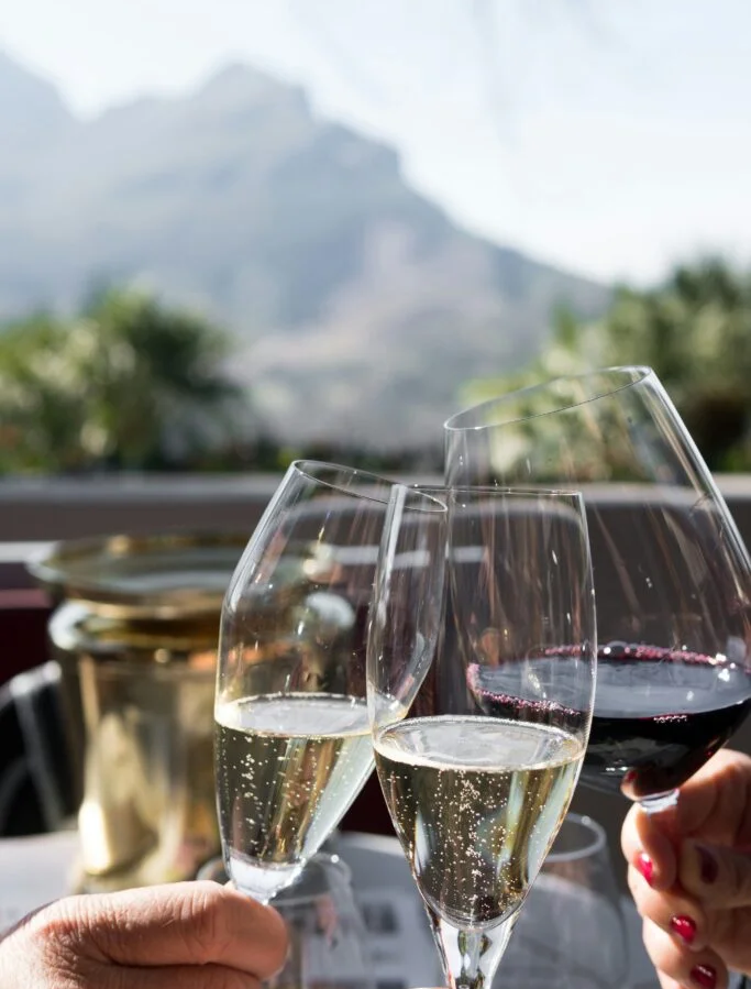 A celebratory toast with two glasses of sparkling wine and one red wine against a backdrop of majestic mountains and lush vineyards. Raise your glasses to memorable moments and picturesque vistas. #CelebrationToast #MountainVineyardView #WineCountry
