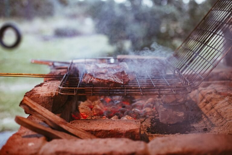 A captivating snapshot capturing the essence of a South African braai, with flames flickering beneath the grill as friends and family gather around, immersed in the camaraderie of cooking and conversation.