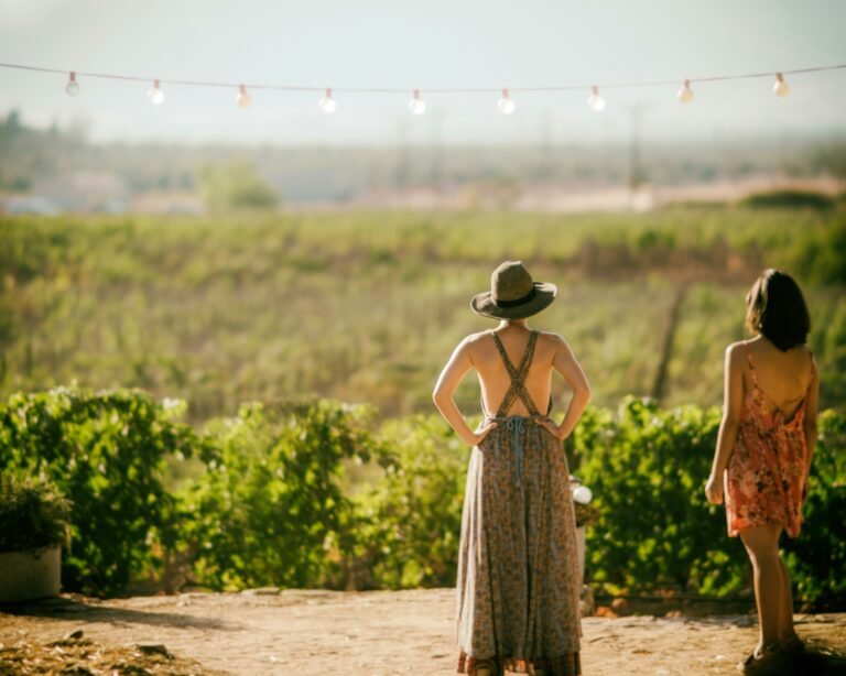 Two women admiring a vineyard in summer - Enjoying the scenic beauty of wine country
