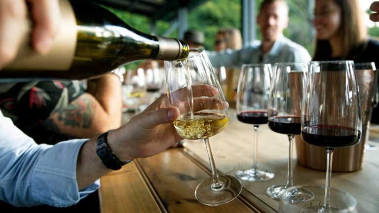 Group wine tasting event with various white and red wines - Socializing and sampling exquisite wines