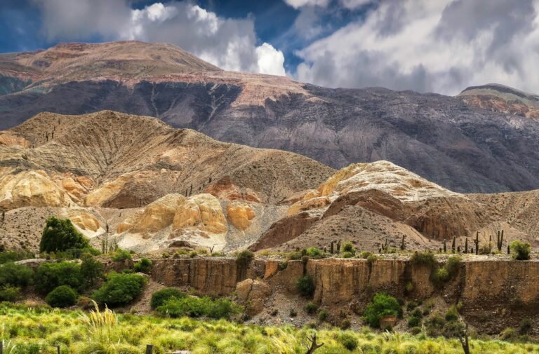 Vibrant landscape of Valle Calchaquies, Argentina, showcasing colorful mountains, cacti, and lush vegetation.