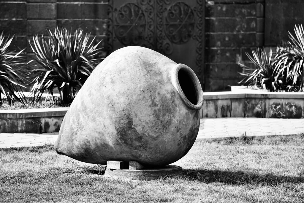 Traditional qvevris buried in the earth, symbolizing ancient winemaking techniques in Georgia, the birthplace of orange wine.