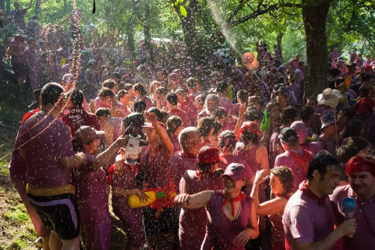 La Battalla del Vino celebration in Spain: Joyful participants drenched in wine during the lively June festival.