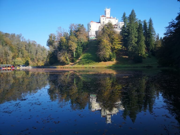 Serene lake surrounded by lush pine trees with a charming church in the background, capturing the beauty of Baranja, Croatia