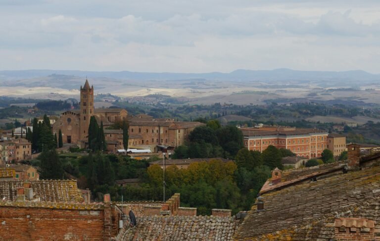 Scenic view of a historic town in Tuscany with a prominent church tower and surrounding landscape.