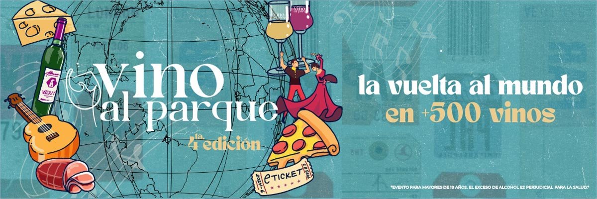 Vino al Parque 4th Edition Banner - A world tour with over 500 wines, featuring musical instruments, food, and event details. Join us at Parque Museo El Chicó on June 21-23. Limited tickets available on eTicket. Pet-friendly event with Spain as the guest country.