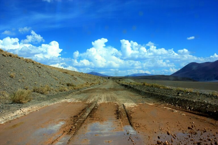 Remote dirt road through arid terrain with blue sky and clouds, surrounded by hills and mountains.