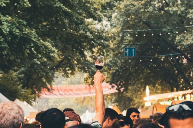Crowd of people at an outdoor festival with a person raising a glass of red wine.