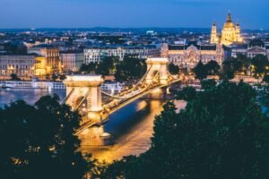 Chain Bridge Illuminated in Budapest at Night