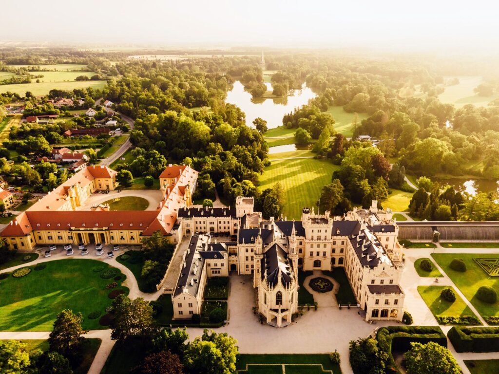 Aerial view of Lednice-Valtice landscape with the historic chateau and surrounding gardens