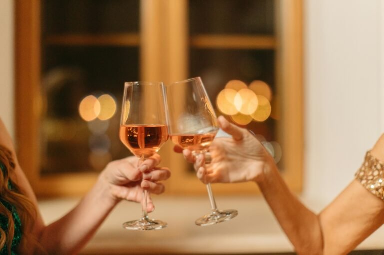 Two people toasting with glasses of rosé wine in a cozy setting