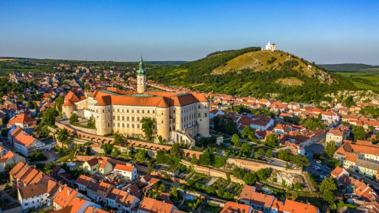 Aerial view of Mikulov Castle in South Moravia with the town and surrounding hills