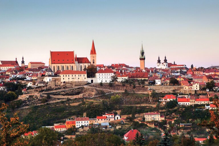 Panoramic view of the historic town of Znojmo with its red rooftops and church towers