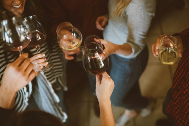 Group of friends enjoying a wine toast at a social gathering.