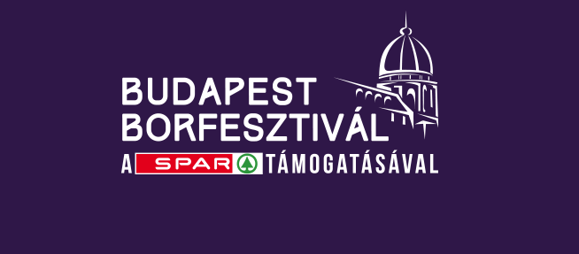 Budapest Wine Festival logo featuring a white outline of a historic dome and the text 'Budapest Borfesztivál a Spar támogatásával' in bold white font on a purple background.