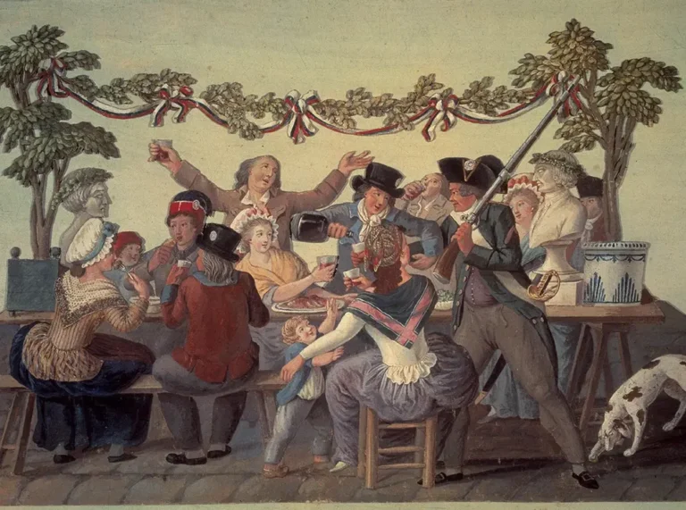 Historical painting depicting a group of people celebrating with wine in France.