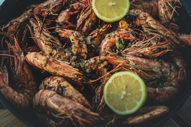 Grilled seafood platter with fresh Prawns and lemon