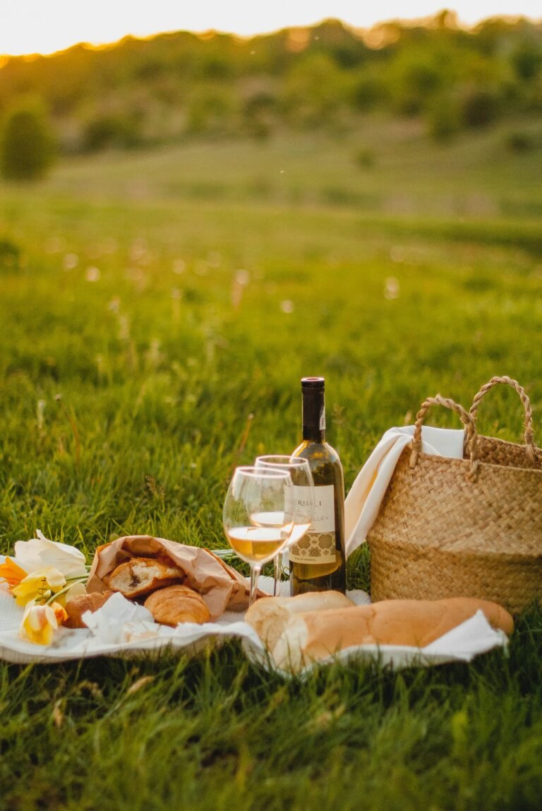 Basket on picnic with two glasses of white wine and bread