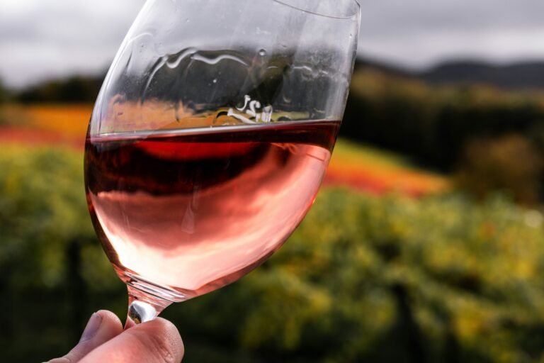 Glass of Red Wine in a Vineyard with Visible Wine Legs, Captured in Daylight.