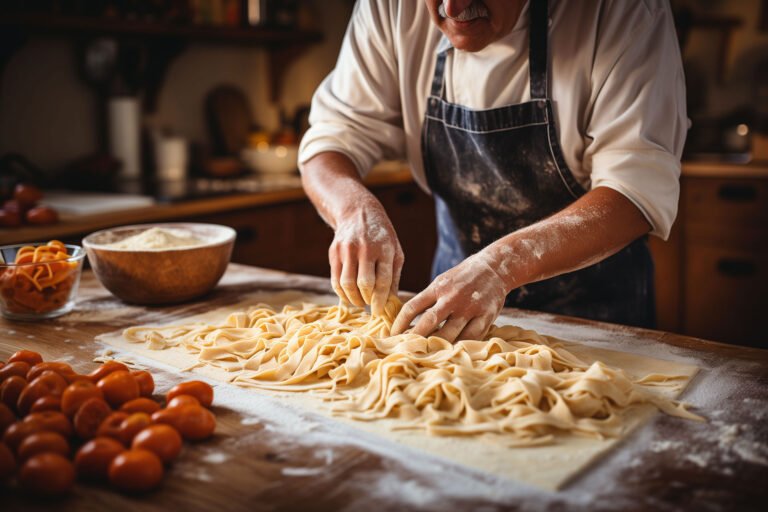 Experienced chef skillfully crafting fresh pasta by hand in a rustic kitchen.