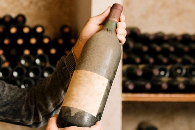 Person holding a dusty, aged wine bottle in a wine cellar.