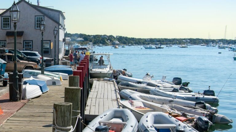 Scenic view of boats docked at a tranquil pier in Martha's Vineyard, United States, with clear waters and picturesque surroundings.