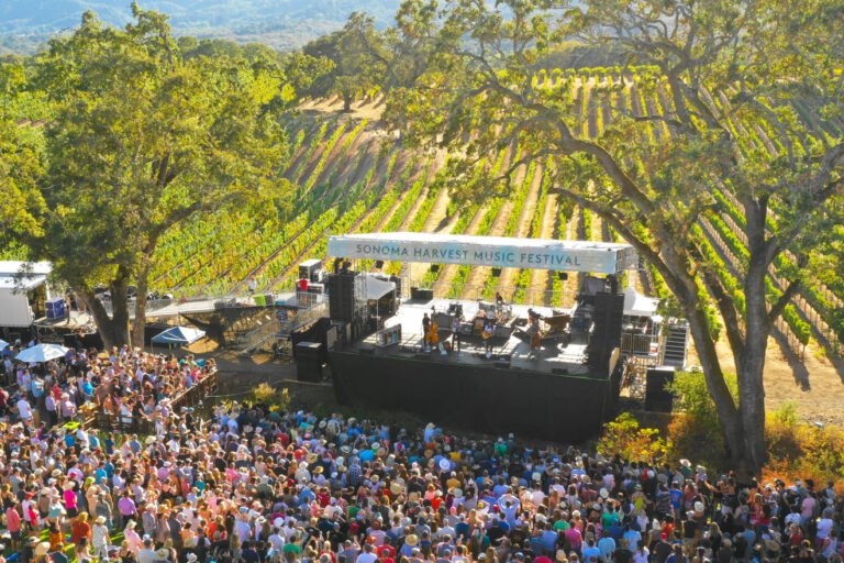 Sonoma Harvest Music Festival with a large crowd and a backdrop of vineyard rows.