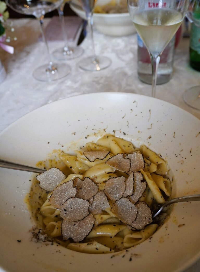 A plate of traditional Istrian fuži pasta in a creamy truffle sauce, perfectly paired with a glass of brut sparkling wine, set against a rustic table for a true gourmet experience in Istria.