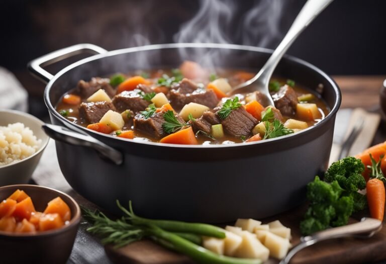 Hearty beef stew with carrots, potatoes, and herbs in a steaming pot, served with rice and vegetables.