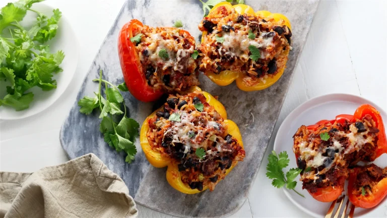 Colorful stuffed bell peppers filled with rice, beans, and cheese, served with fresh cilantro.