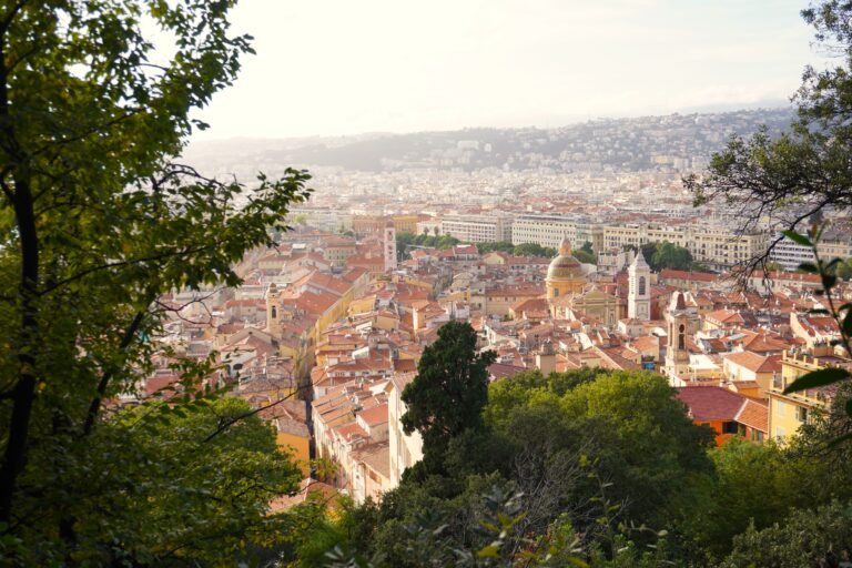 Panoramic view of the historic cityscape of Nice, France, surrounded by greenery