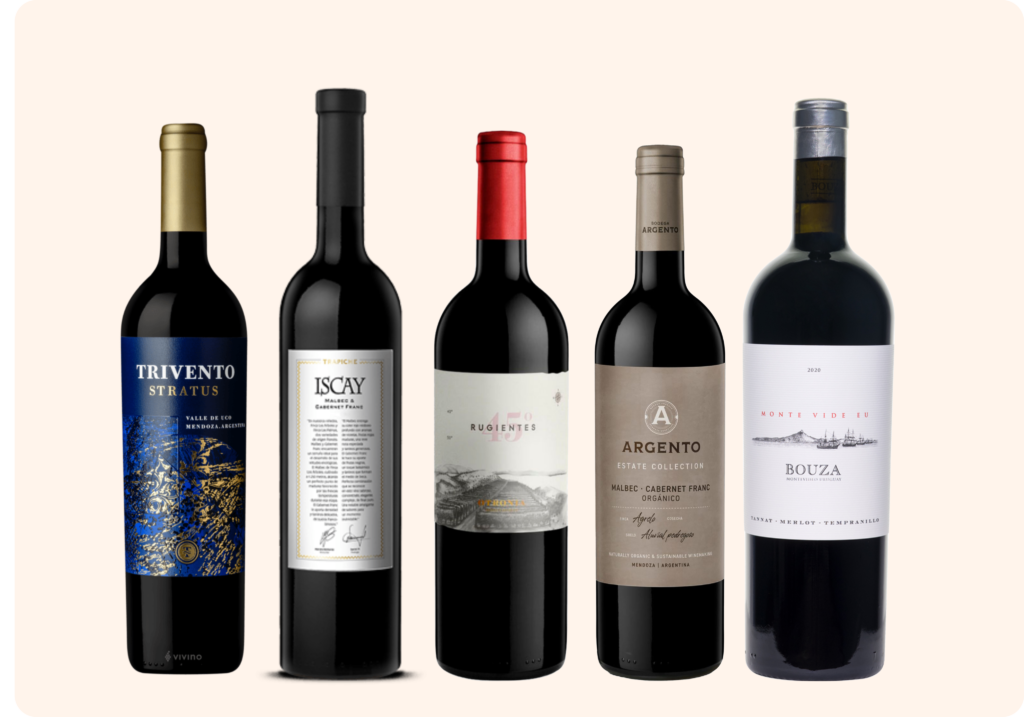 A selection of five premium wine bottles, including Sideral, Alta Vista, Luigi Bosca, Angelica Zapata, and Otronia from Chile and Argentina.