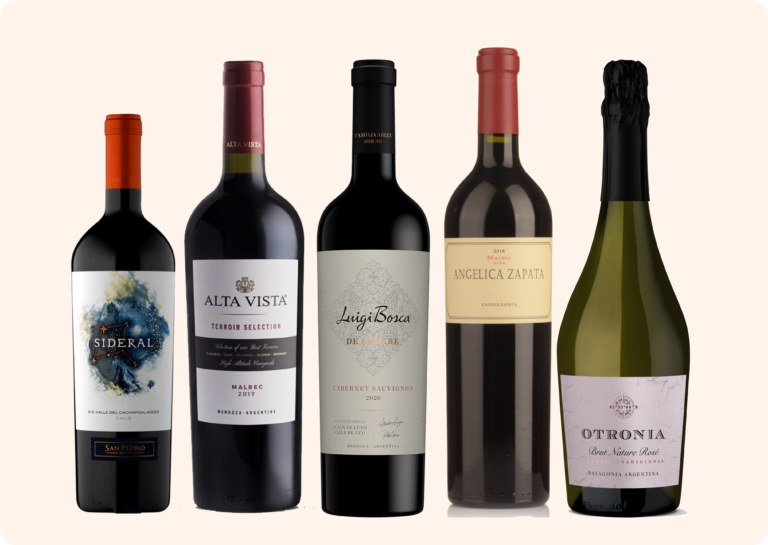 Five premium wine bottles including Trivento Stratus, Iscay, Rugientes, Argento, and Bouza, showcasing a variety of Argentine and Uruguayan wines.