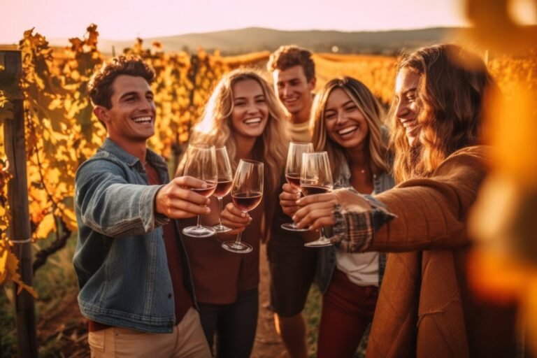 Group of friends enjoying a wine tasting in a vineyard during sunset.