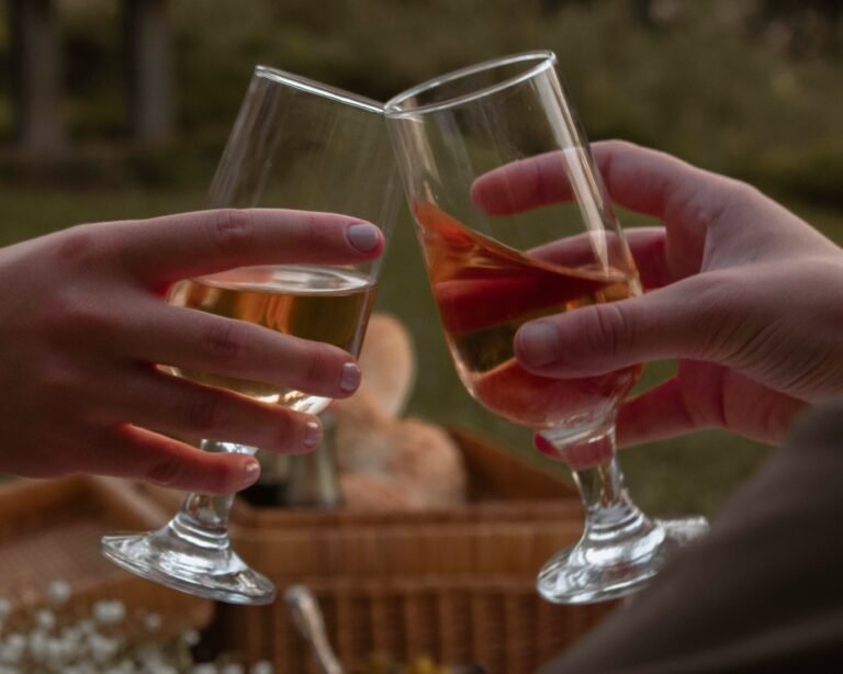 Two people clinking glasses of white wine during a picnic, creating a festive and intimate moment.