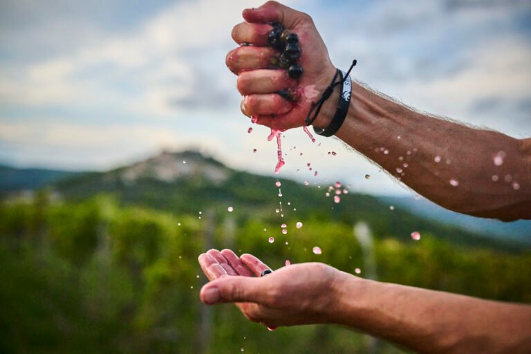 Close-up of a hand squeezing grapes with juice flowing out