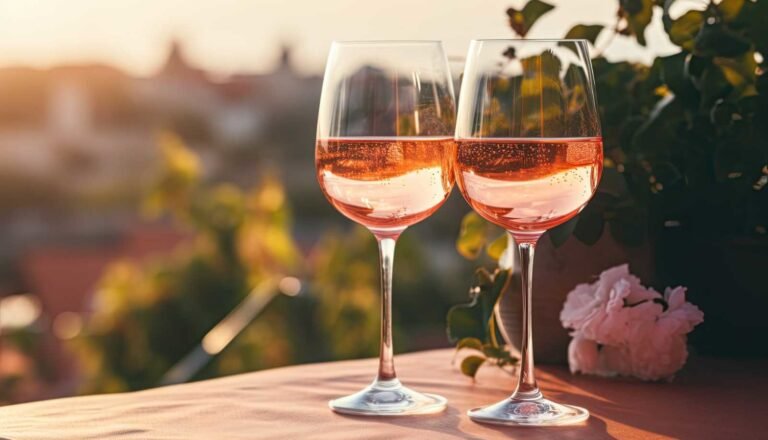 Two glasses of sparkling rosé wine on an outdoor table with greenery and flowers in the background, capturing a warm sunset ambiance.