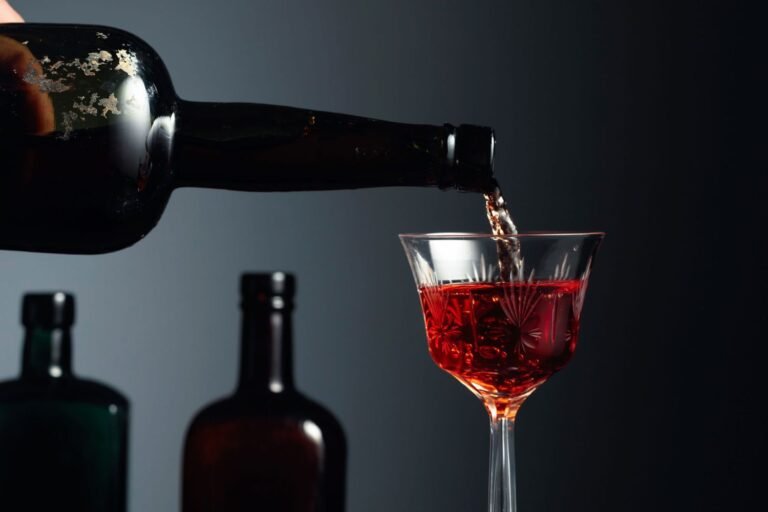 Pouring red wine into a crystal glass with blurred wine bottles in the background