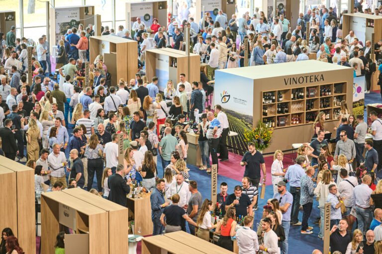 Large crowd enjoying a vibrant wine exhibition at Vinistra 2024, featuring booths with Croatian wines and vinoteka displays.