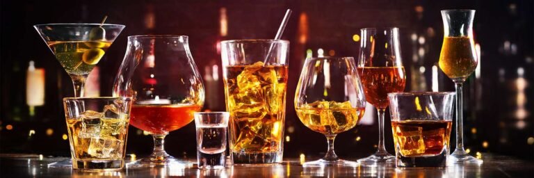 A variety of colorful cocktails served in different glassware on a bar counter with warm, glowing background lights.