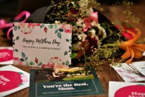 Mother's Day greeting card with a heartfelt message, surrounded by flowers and gifts.
