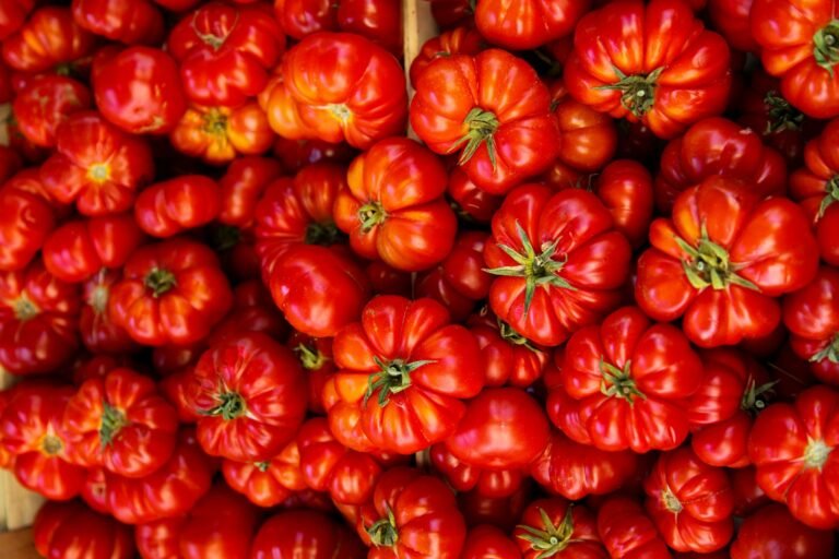 Close-up of fresh heirloom tomatoes with rich red colour and ribbed skin, stacked at a market stall.