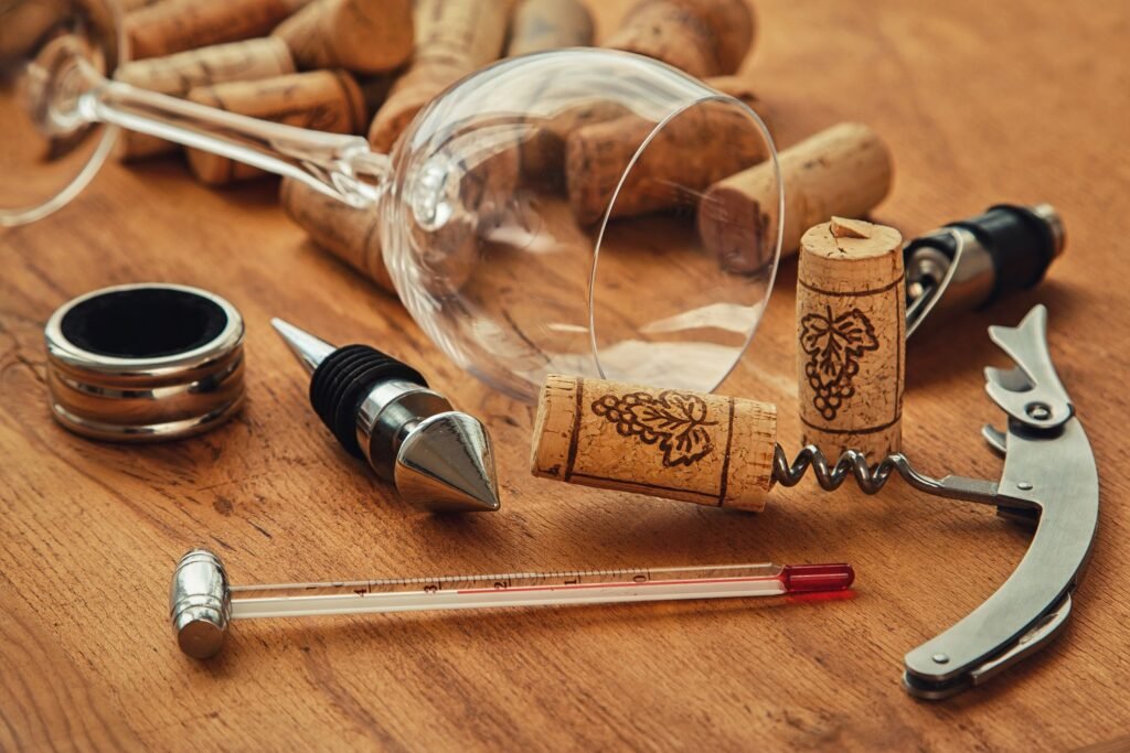 Collection of essential wine accessories including corks, glass, wine stopper, corkscrew, thermometer, and drip ring on wooden surface.