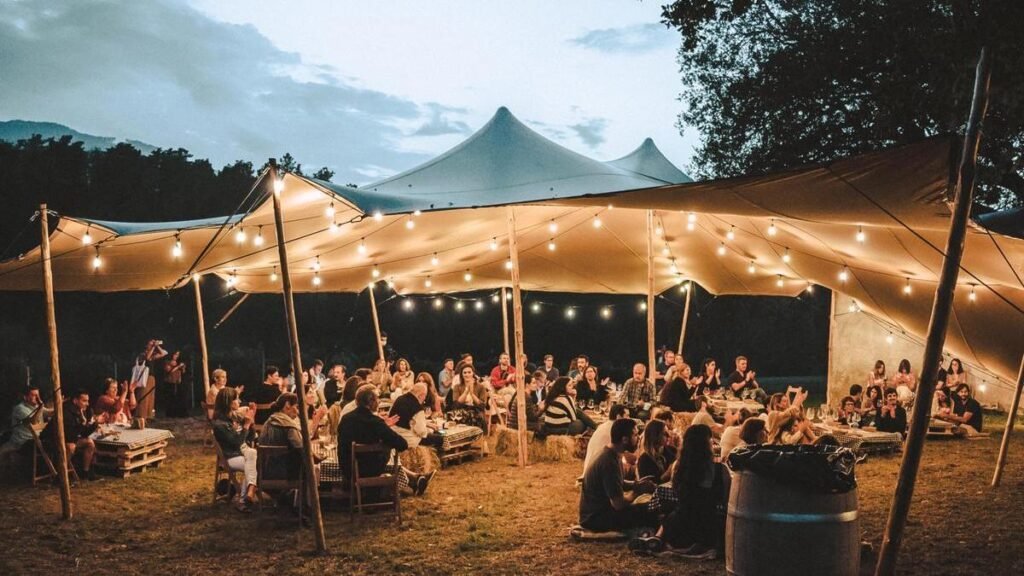 Wine lovers enjoying an outdoor dinner festival with string lights and rustic décor in the vineyard.
