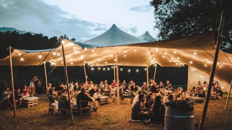 Wine lovers enjoying an outdoor dinner festival with string lights and rustic décor in the vineyard.