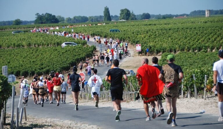 Marathon through French vineyards with runners enjoying wine-themed race.
