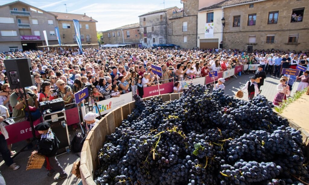 Harvest festival crowd celebrating wine traditions with fresh grapes in Spain.
