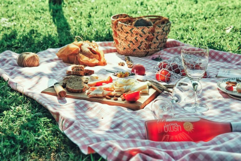 Summer picnic with bread, assorted cheeses, fresh tomatoes, almonds, and rosé wine on a pink checkered blanket in a green park