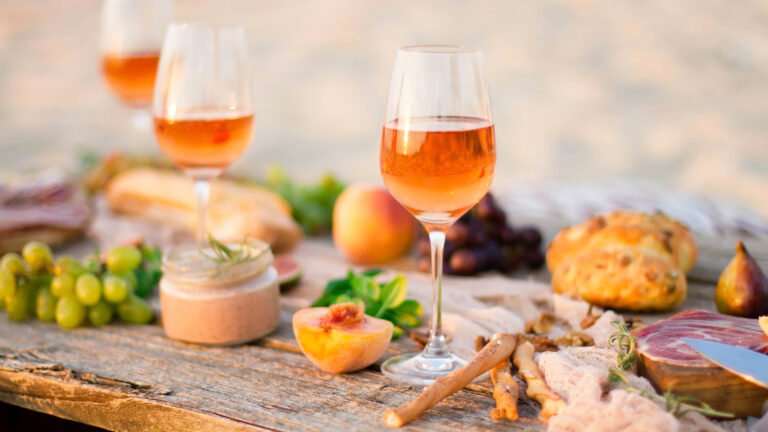 Glasses of orange wine on a rustic table with grapes, peaches, bread, and charcuterie.